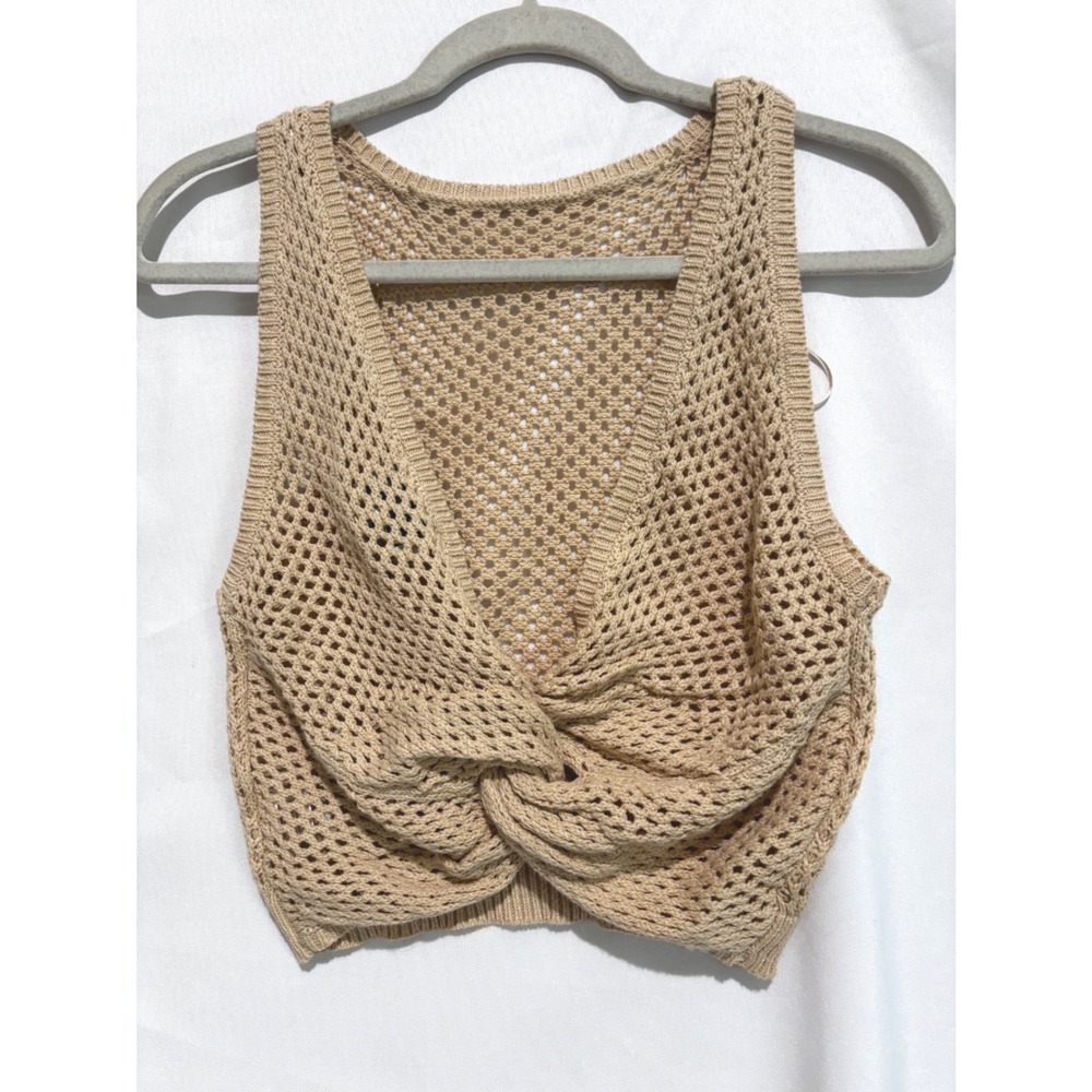 Freshman 1996 Tan Crochet Twist Crop Tank Topโ sz M Beige boho festival cowgirl